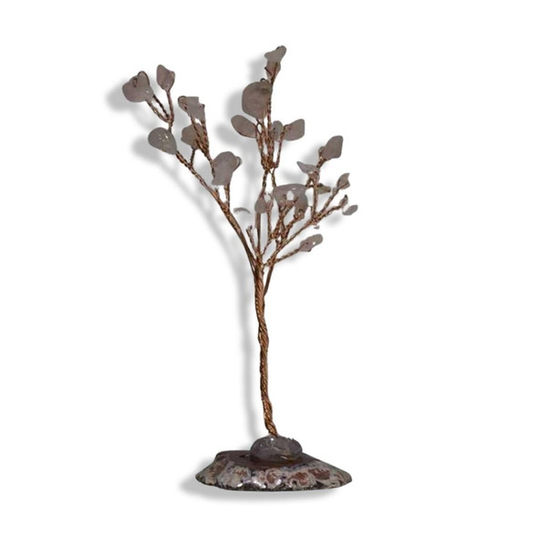 Artistic miniature bonsai-style tree featuring genuine rose quartz crystals for a serene aesthetic.