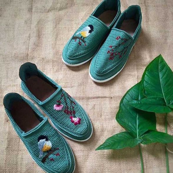 Exclusive Green color handmade cotton shoes , customized shoes Fine Craftsmanship Detail