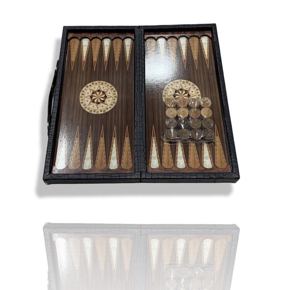 Close-up of the reinforced carrying handle and the secure metal locking clasps on the PU leather backgammon case.