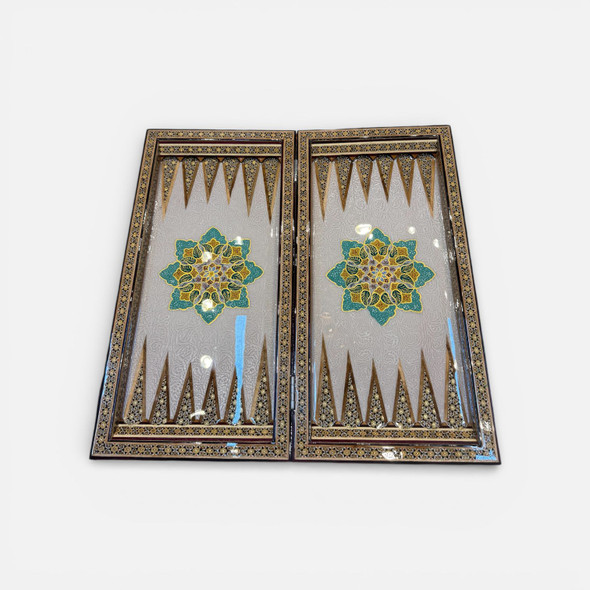 Luxury handmade wooden backgammon and chess board with blue Tezhib hand-painted design and Khatamkari inlay
