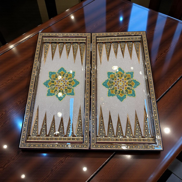 Luxury handmade wooden backgammon and chess board with blue hand-painted Tezhib design, shell work and Khatamkari inlay
