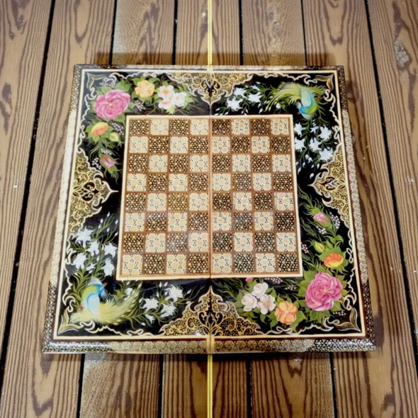 Luxury Hand-Painted Khatamkari Backgammon Set & Chess Board Artisan Detail Shot