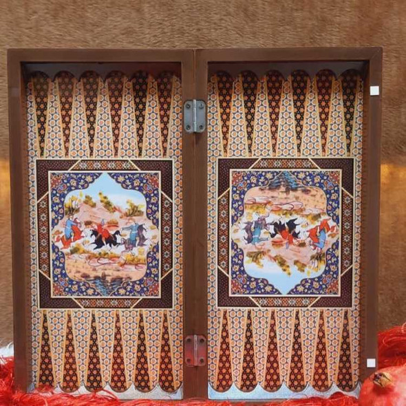 A 48x48 cm MDF backgammon board fully open, featuring a high-definition printed Persian hunting scene motif.