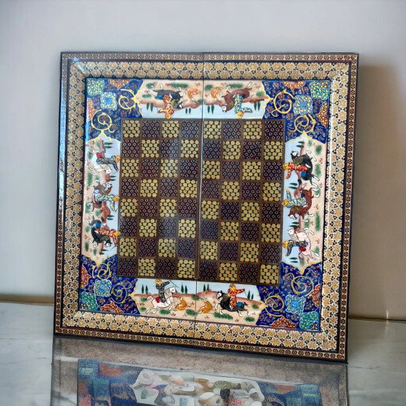 Luxury Hand-Painted Khatamkari Inlaid 40x40 cm Backgammon and Chess Set Artisan Detail Shot