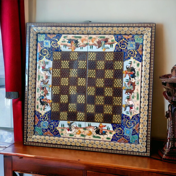 Exclusive Hand-Painted Khatamkari Inlaid 40x40 cm Backgammon and Chess Set Fine Craftsmanship Detail
