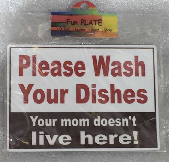 A professional product display of the humorous "Please Wash Your Dishes" aluminum fridge magnet from a premier UAE gift shop.