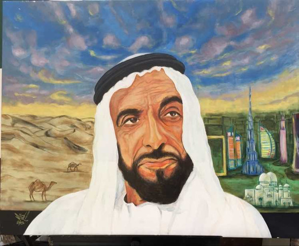 A hand-painted acrylic portrait of H.h Sheikh Zayed on canvas, showcasing fine artistry and luxury heritage decor.