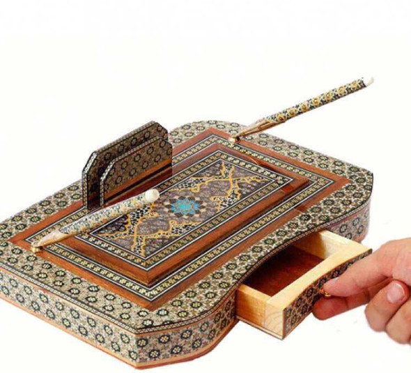 A professional product display shot of the Persian Khatamkari wooden desk set positioned against a clean white background.