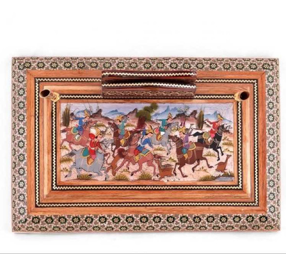 Close-up of the exquisite Khatamkari inlaid woodwork and miniature painting on this 20x30 cm desktop piece.