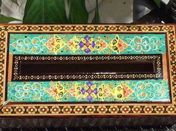 A professional display view of the Khatamkari tissue box highlighting its rectangular form and rich cultural design elements.