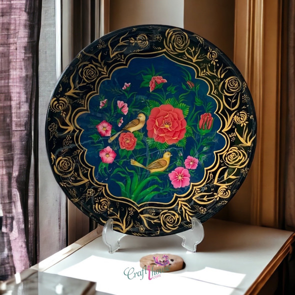 Hand painted clay plate 30 cm , wall hanging bird and flower plate