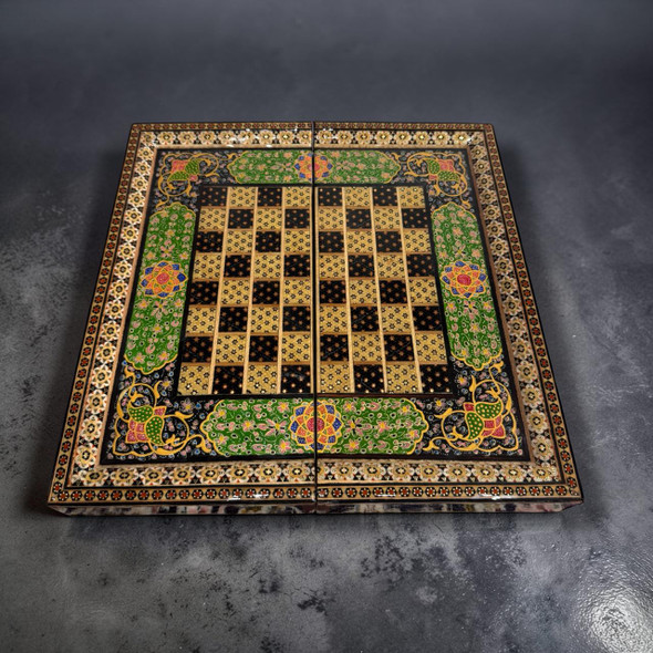 Close-up of the intricate Khatamkari micro-inlay work, showing the tiny wood and brass stars on the 30 cm board.