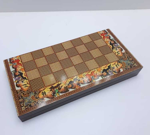 A dual-sided 48x48 cm MDF game board fully open, showing the printed backgammon interior and chess board exterior.
