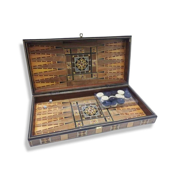Luxury Handmade Syrian Wood Backgammon Set & Mosaic Chess Board (50x50 cm) Artisan Detail Shot