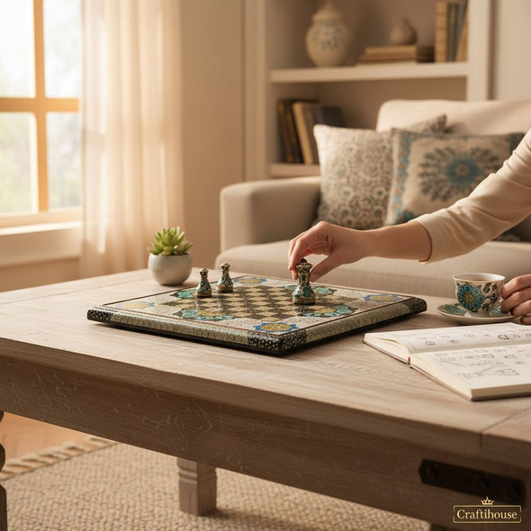 Handmade wooden backgammon and chess board decorated with shell work, Khatamkari inlay and Tezhib hand painting