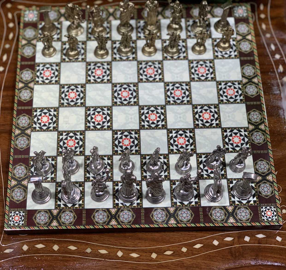 Luxury Handmade wooden chess board 25x25 cm with metal chess pieces Artisan Detail Shot