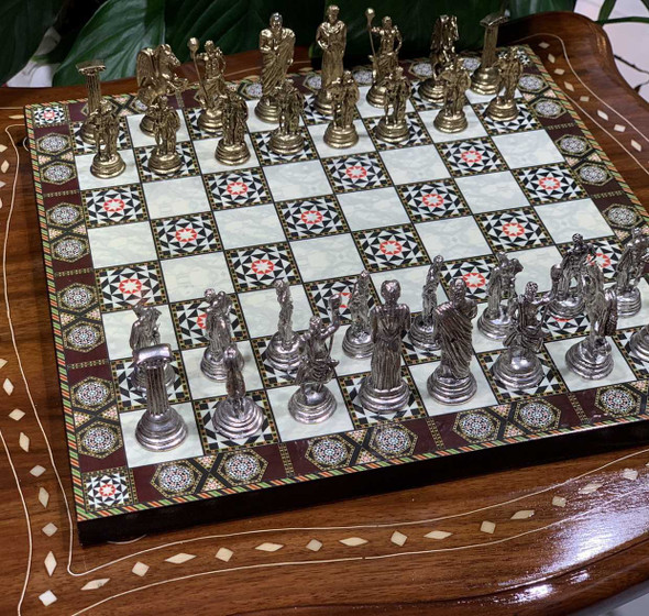 Handcrafted Handmade wooden chess board 25x25 cm with metal chess pieces Lifestyle Visual