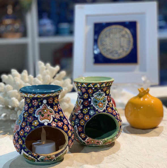 Hand-painted enamel earthenware candle holder 12cm Persian pottery home decor gift