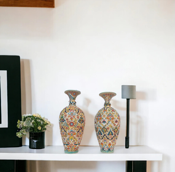 Exclusive Premium Set of 2 Hand Painted Earthenware Vases Fine Craftsmanship Detail
