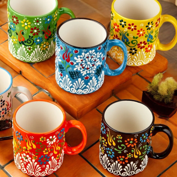 Exclusive Assorted Color Turkish Hand Heritage Ceramic Mug Fine Craftsmanship Detail