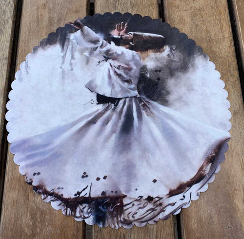 A 28 cm round velvet placemat featuring a spiritual Whirling Dervish Sama dance illustration and Persian calligraphy.