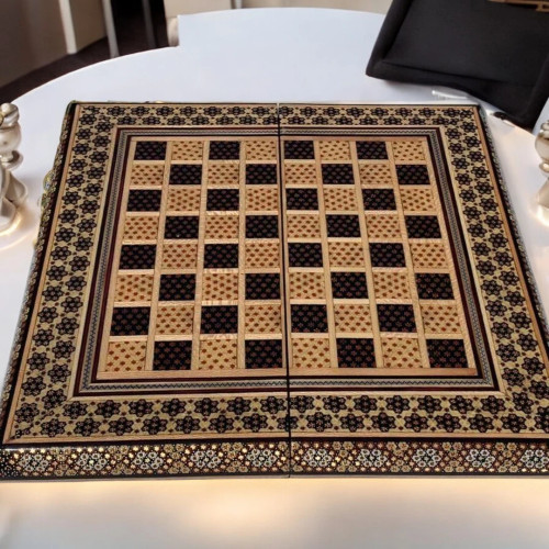 A 40x40cm folding game board featuring full Khatamkari mosaic inlay with chess and backgammon layouts.