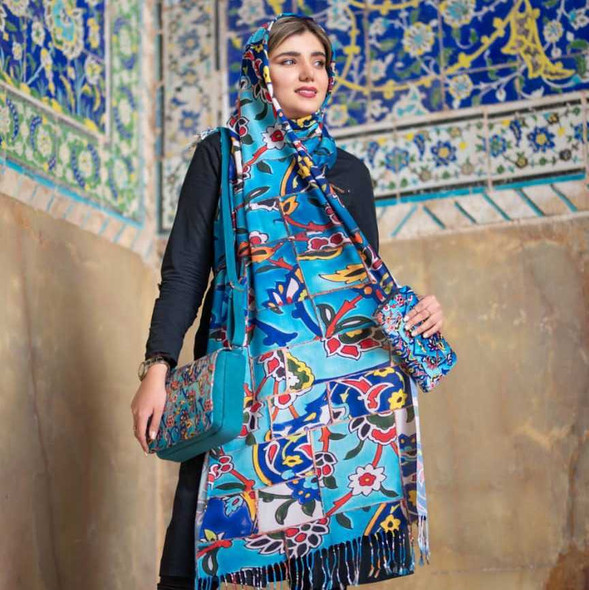 Exclusive Blue tile pattern handmade shawl , Ladies hijab Fine Craftsmanship Detail