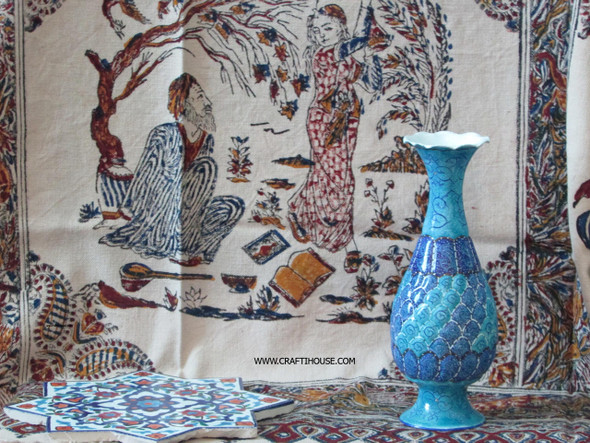 authentic 20 cm hand-painted enamel copper vase featuring intricate blue and white traditional Minakari floral motifs.