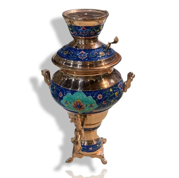 Product photo of the hand-painted miniature copper samovar set, showcasing the stacked assembly of the tiered samovar body, matching tea pot, separate elegant pouring jug, and small rinse bowl resting on a curved, matching decorative tray, isolated on a clean white background.