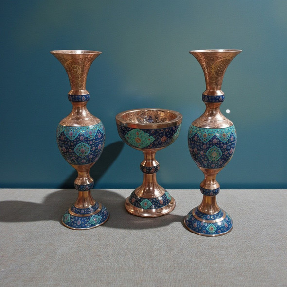 The 3-piece copper set displayed as a luxury home decor centerpiece, ideal for traditional Arabian interiors.