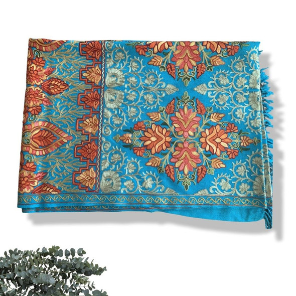 Exclusive Indian kashmiri shawl light blue Fine Craftsmanship Detail