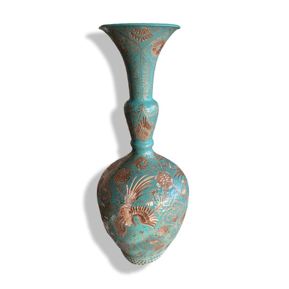 Handcrafted Engraved Copper Vase Turquoise Lifestyle Visual