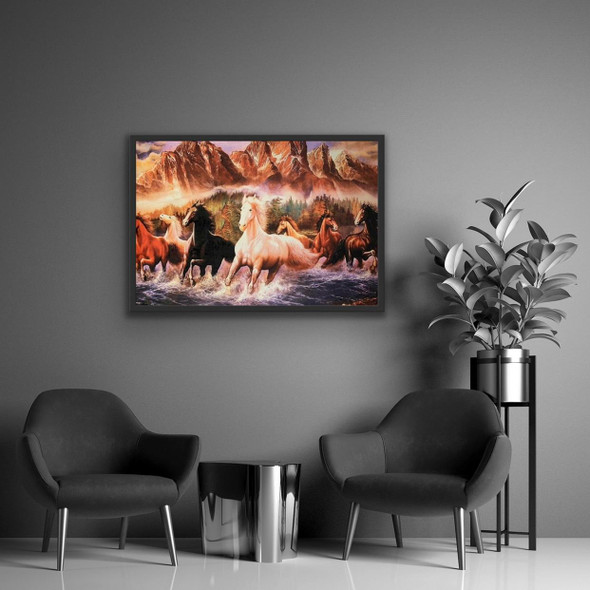 Luxury Awesome galloping seven horse wall hanging velvet framed 100x70 cm Premium Design Showcase