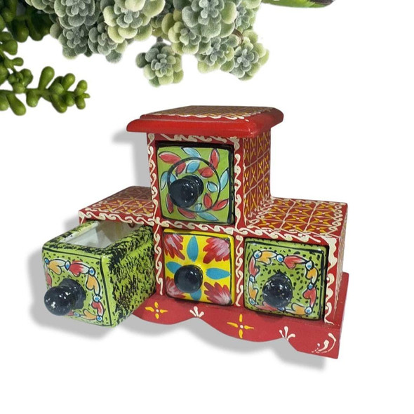 Luxury Spice box 4 drawers  , jewelry box , wooden ceramic hand painted box , kitchen accents Premium Design Showcase