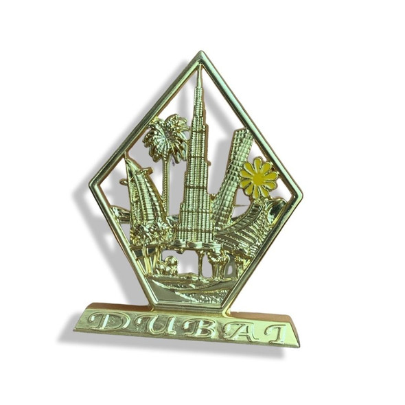 Full view of the compact 3D golden skyline miniature stand, serving as an exceptional home or executive office desk ornament, cultural travel token, or corporate gift.