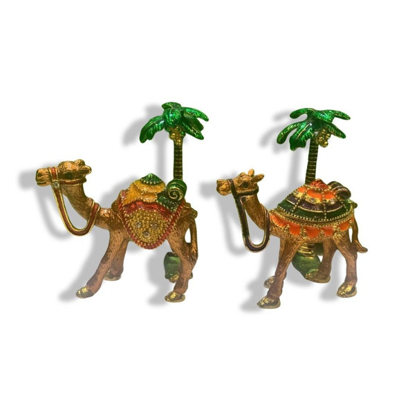 Three-quarter studio angle of the compact metal camel and palm tree oasis sculpture, highlighting its sturdy freestanding base construction.