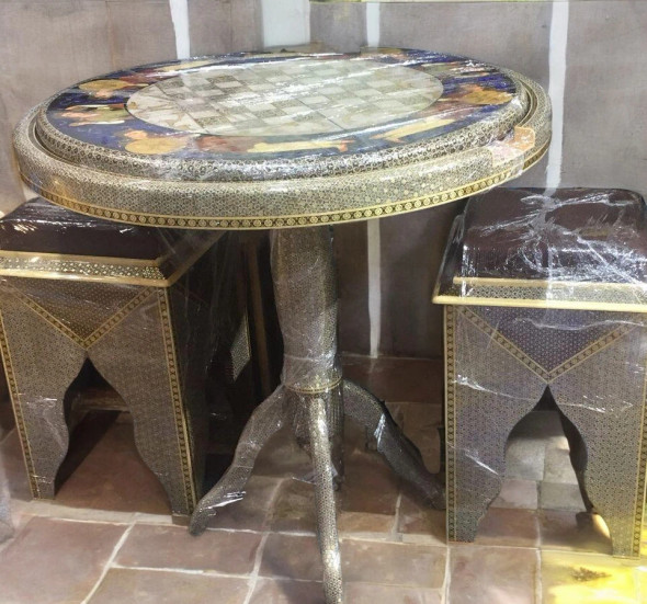 Artisan Chess and Backgammon Table Set , Set of 2 pcs Khatamkari chair with hand painted khatamkari table 70cm High-Resolution Product Shot