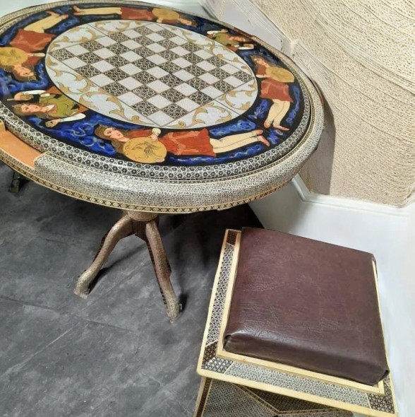 Luxury Chess and Backgammon Table Set , Set of 2 pcs Khatamkari chair with hand painted khatamkari table 70cm Premium Design Showcase