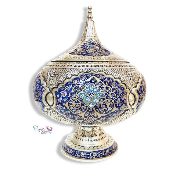 Silver plated chocolate bowl with lid , hand painted copper bowl 30 cm Silver plated chocolate bowl with lid , hand painted copper bowl 30 cm
