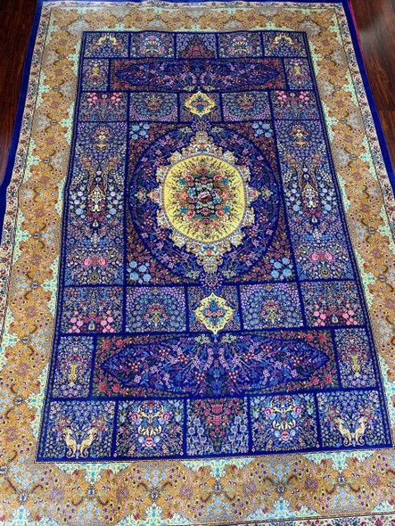 Silk Carpet 5x7 Feet Stunning Floral Blue Pattern Machine-made Silk Carpet | Sophisticated Middle Eastern Art & Home Anchor - Luxury Handcrafted Art Craftihouse Dubai