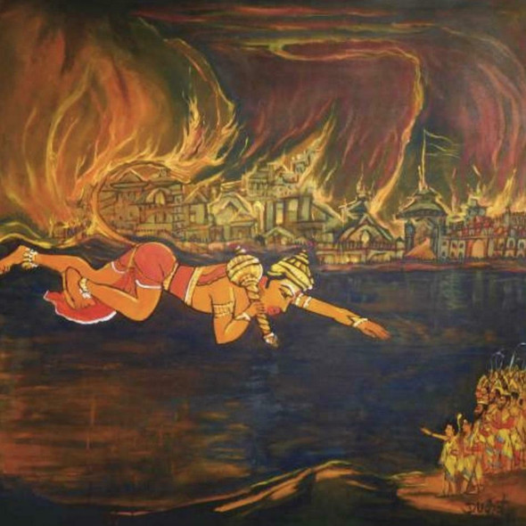 Lanka Dahan Original Painting On Canvas Subject: Lanka Dahan Size: 54inchx54inch Media:oil-acrylic On Canvas | Sophisticated Middle Eastern Art & Home Anchor - Luxury Handcrafted Souvenir Craftihouse Dubai