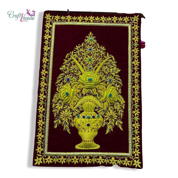 Royal Ancient Silk Jewel Art Wall Hanging Hand Embroidered Jewel Carpet on  Black Velvet With Gemstones Size 41x1.25x36 Cm 