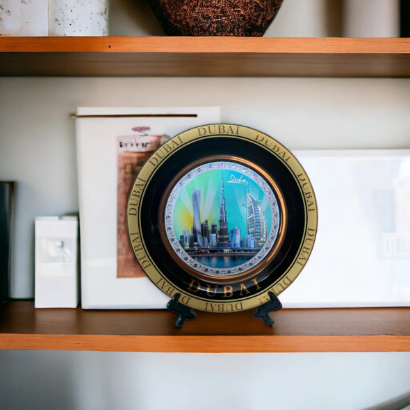 ront view of the matching boutique fridge magnet featuring authentic Middle Eastern art inspired by the iconic traditional sailing hotel and Burj Khalifa structures.