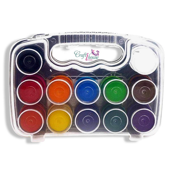 Close-up of the Artisan 12-color bright paint kit including a paintbrush for kids' art.