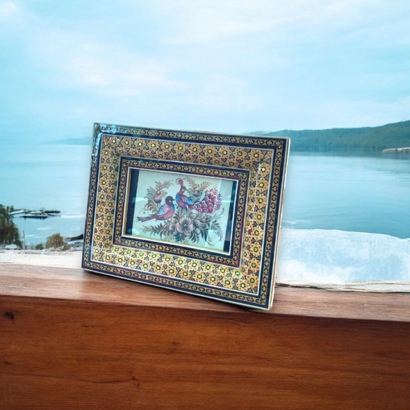Peacocks Painting On Camel Bone With Khatamkari Frame 20x16 Cm Original Painting Table Frame | Premium Handcrafted Gift & Cultural Souvenir - Luxury Handcrafted Souvenir Craftihouse Dubai