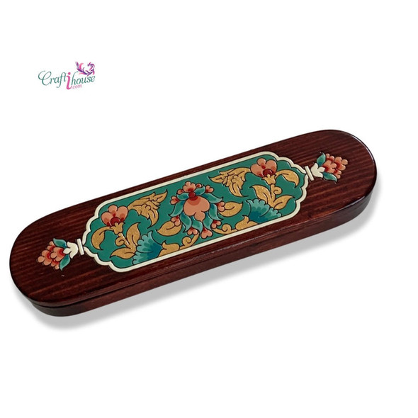 Front exhibition view of a premium 17x4.5 cm hand-painted wooden box, showcasing the vibrant detailed artisan brushwork across its low-profile lacquer lid.