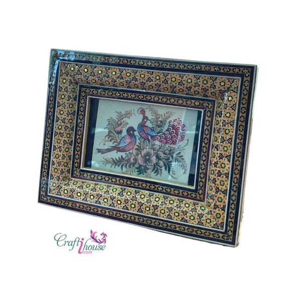 An exclusive Craftihouse tabletop art piece showcasing traditional Persian-style bone painting and handcrafted inlay framing.