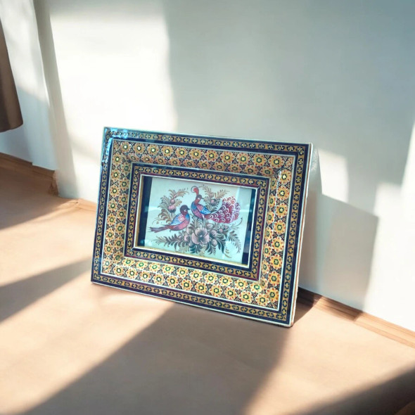 A professional product presentation of the 20x16 cm framed camel bone painting highlighting its cultural artistry.