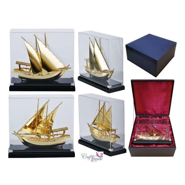 Gold-plated dhow in acrylic gift box 29cm luxury UAE marine souvenir premium gift