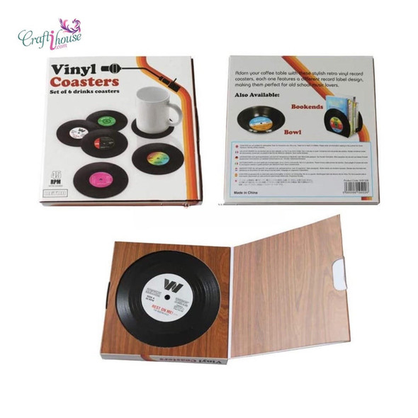 Novelty vinyl record coasters set of 6, featuring authentic-looking disk designs.